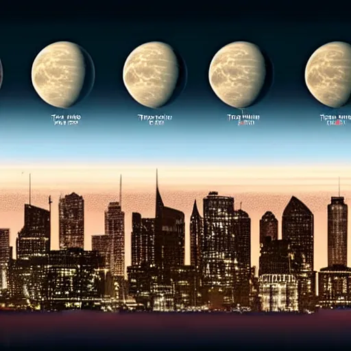 Image similar to a multilunar skyline view with ten different sizes and separate moons