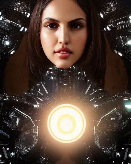 Image similar to centered portrait of soulful eiza gonzalez as a solarpunk mecha humanoid robotic parts with bright led lights, real human face, pudica gesture bouguereau style, in white room, ultra - realistic and intricate, soft portrait shot 8 k