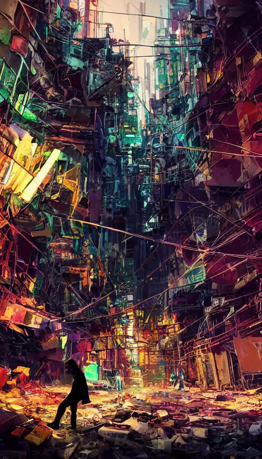 Image similar to a cellist playing in the rubble of a fallen cyberpunk city looming above him, neon color scheme, beautifully lit, concept art, sharp focus, a digital illustration by sam spratt and salvidor dali