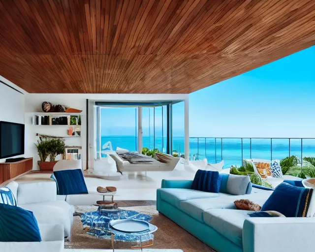 Prompt: A modern living room in a ocean hues style next to a big terrace overlooking the ocean, luxurious wooden coffee table in the center, inspired by the ocean, calm, relaxed style, harmony, wide angle shot, 8k resolution, ultra detailed