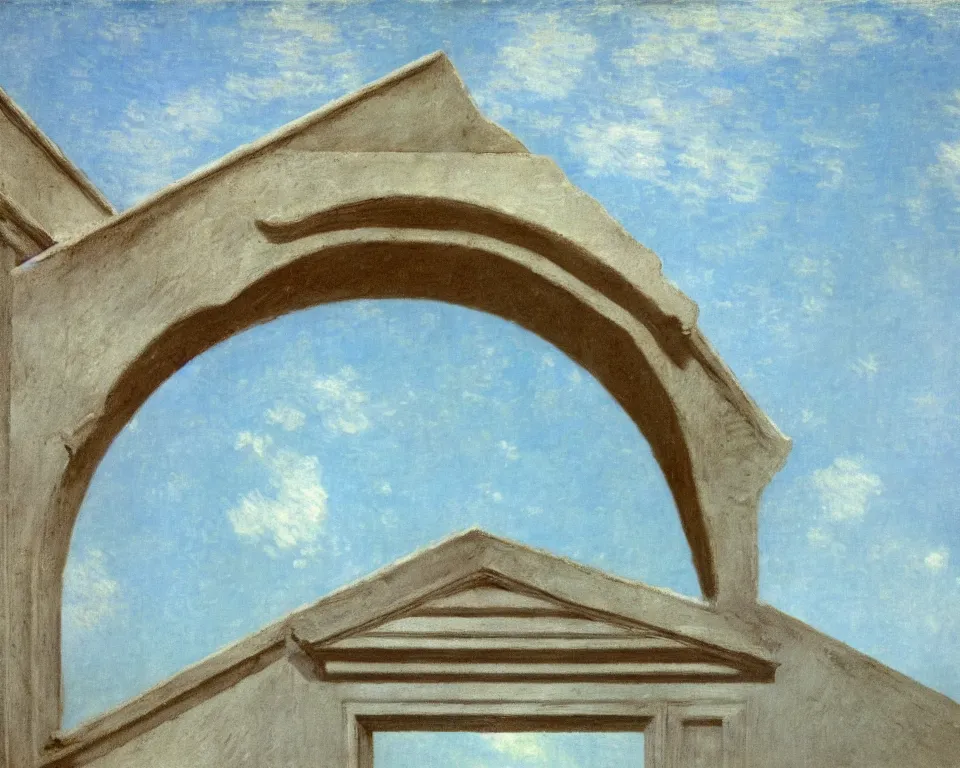 Prompt: achingly beautiful close up painting of a triangular roman pediment on baby blue background by rene magritte, monet, and turner. piranesi.