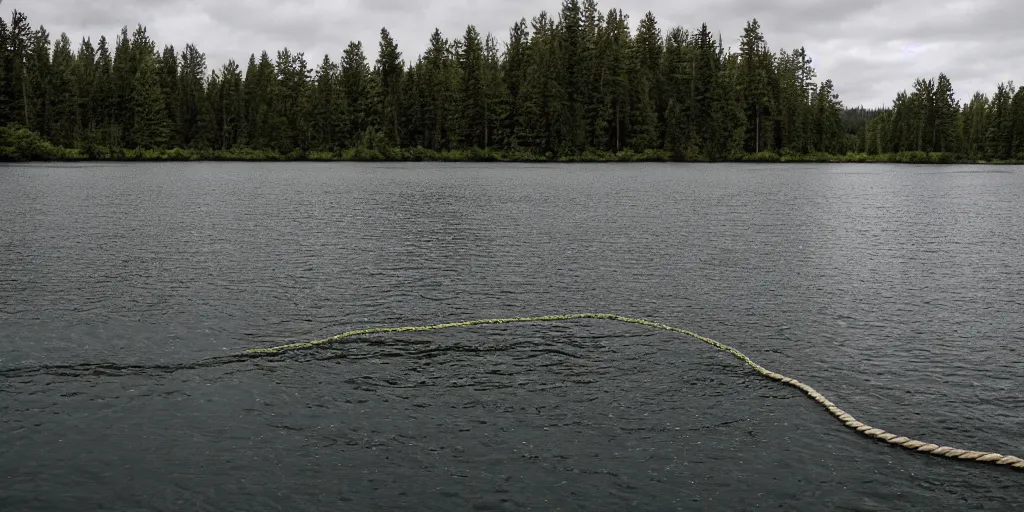 Prompt: symmetrical color photograph of a very long rope on the surface of the water, the rope is snaking from the foreground stretching out towards the center of the lake, a dark lake on a cloudy day, trees in the background, anamorphic lens