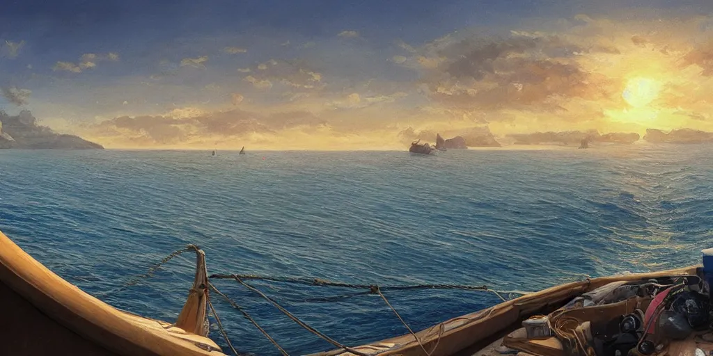 Image similar to looking out from a small dinghy on the water, low angle from water pov, long lens, sunset, a mediterranean phoenician fishing village in the distance, over a chalk cliff, highly detailed, digital painting, artstation, concept art, sharp focus, illustration, art by artgerm and greg rutkowski and raphael lacoste and magali villeneuve