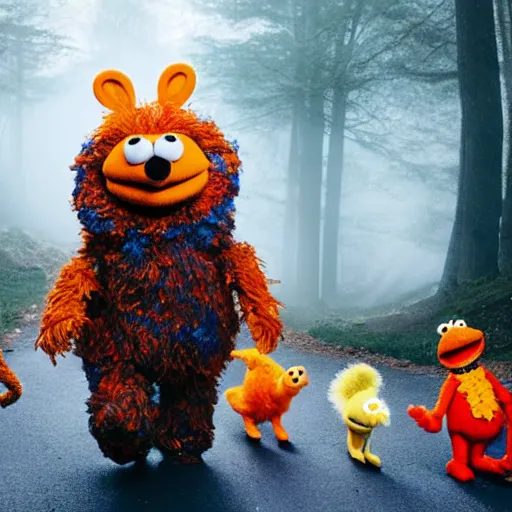 Image similar to a large orange fox muppet wearing a hooded cloak and herding a bunch of random muppet animals following behind through a dark blue forest, sesame street, photograph, photography, ultrarealistic, national geographic