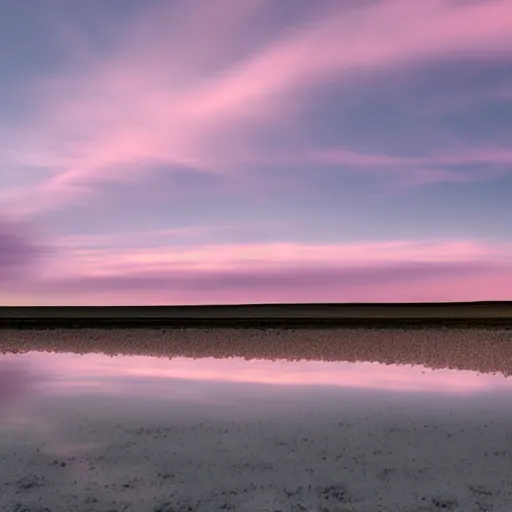 Prompt: rose and lavender colored sky with light pink clouds on a salt flat reflecting the pink sky dreamland