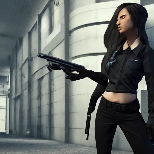 Image similar to photograph of a young woman wearing a all black clothes holding a Gun, detailed, artstation, concept art, Unreal Engine 5 render, gameplay showcase, 8K