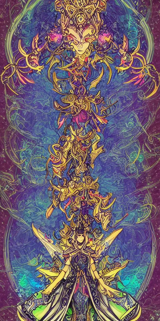 Prompt: a mage from final fantasy 14, intricate, amazing line work, cosmic, psychedelic, cheerful, colorful, tarot cards,