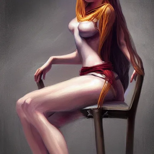 Image similar to a beautiful woman tied to a chair with spaghetti, painting by Charlie Bowater and artgerm