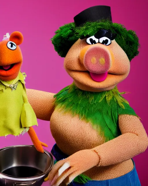 Prompt: photoshoot of muppet miss piggy preparing a meal, 8 k, photorealistic