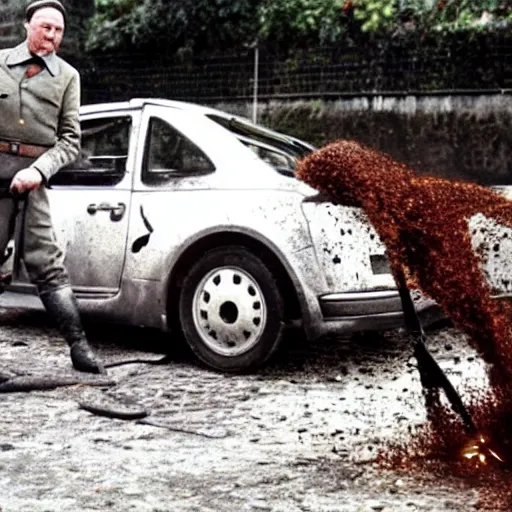 Image similar to hitler using an angle grinder, removing rust from a toyota mr 2