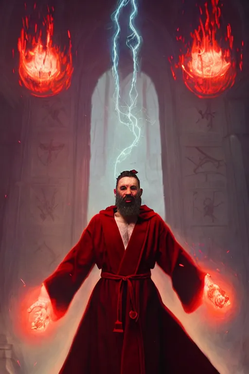 Prompt: evil male sorcerer, alchemist library background, the room filled with colorful magic, red robe, white skin, young, sharp, brown hair, beard, concept art, digital art, dynamic lighting, unreal engine, octane, by greg rutkowski and frank frazetta