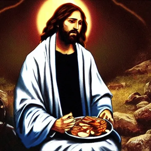 Prompt: jesus eating in a video game