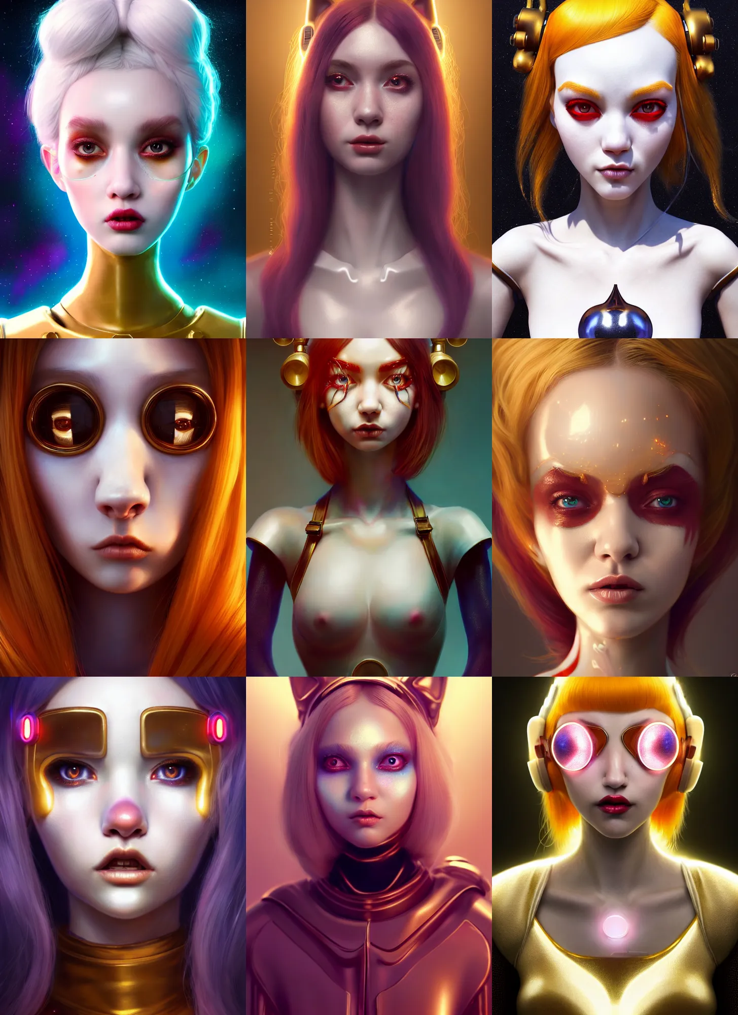 Prompt: pixar portrait 8 k photo, beautiful shiny white porcelain rich galactic catgirl clowncore russian cyborg college girl, golden ratio details, sci - fi, fantasy, cyberpunk, intricate, decadent, highly detailed, digital painting, octane render, artstation, concept art, smooth, sharp focus, illustration, art by artgerm, loish, wlop