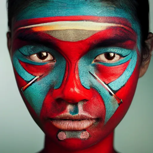 Prompt: portrait of a stunningly beautiful asian tribal female, minimal red facepaint over the eyes in a stripe, depth of field, zeiss lens, detailed, symmetrical, centered, fashion photoshoot, by Annie Leibovitz and Steve McCurry, David Lazar, Jimmy Nelsson, Breathtaking, 8k resolution, extremely detailed, beautiful, establishing shot, artistic, hyperrealistic, beautiful face, octane render