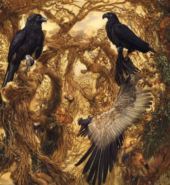 Image similar to a breathtakingly stunningly beautifully highly detailed animal portrait of a majestic raven, ornately framed, by rosetti and devinci and michael cheval and sidney cooper and turner, 4 k