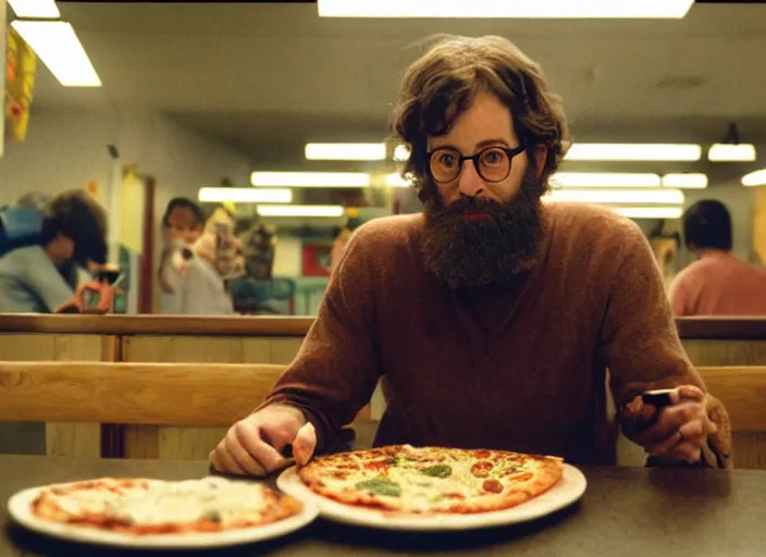 Image similar to cinematic detailed portrait of bearded charlie kaufman eating pizza at chuck - e - cheese, dramatic top down lighting, moody film still from being john malkovich ( 2 0 0 1 ), 3 5 mm kodak color stock, 2 4 mm lens, directed by spike jonze, ecktochrome