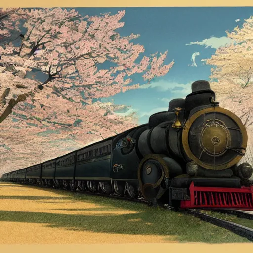 Image similar to concept art painting of a historic transverse view of a steam train, the train carries a cherry tree in flower, realistic, detailed, cel shaded, in the style of makoto shinkai and greg rutkowski and james gurney