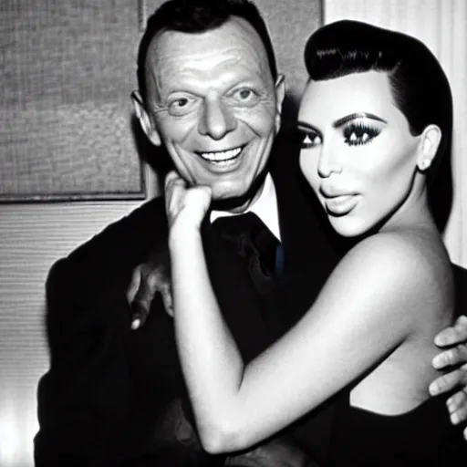 Prompt: Frank sinatra being hugged lovingly by kim kardashian