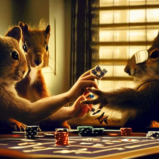 Prompt: still picture of a meeting of squirrels playing poker, dramatic lighting, perfect movie shot, macro, by Roger Deakins, by Andrew Thomas Huang