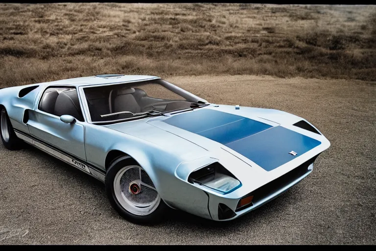 Image similar to designed by john delorean stylized poser of a single 1 9 6 9 fastback mustang!!! mk 2 ford gt 4 0! ( delorean ), large led lights, ektachrome photograph, volumetric lighting, f 8 aperture, cinematic eastman 5 3 8 4 film