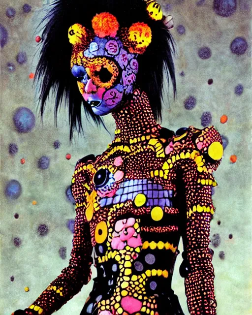 Image similar to portrait of a skinny punk goth yayoi kusama wearing armor by simon bisley, john blance, frank frazetta, fantasy, thief warrior, floral flowers colorful