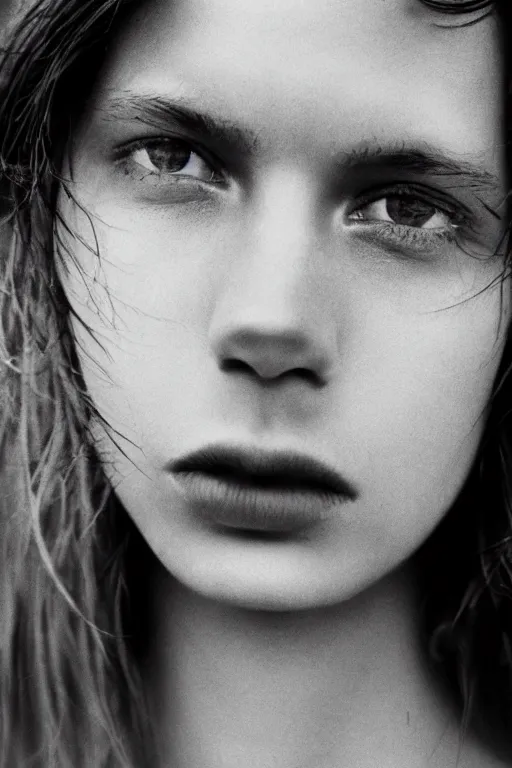 Prompt: extreme close-up black and white portrait, fashion model face, Peter Lindbergh, 35mm, film photo, small aperture