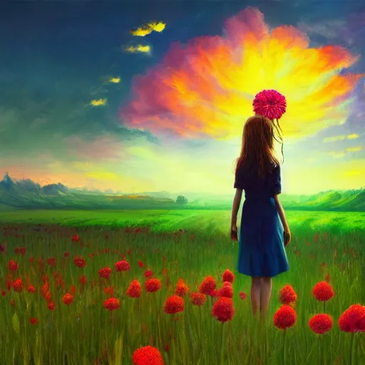 Image similar to giant carnation flower head, girl in a flower field, surreal photography, sunrise dramatic light, impressionist painting, colorful clouds, digital painting, artstation, simon stalenhag, flower face