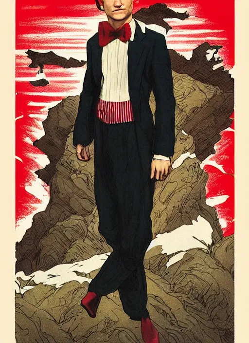 Prompt: joseph gordon - levitt joseph gordon - levitt!!!, joseph gordon - levitt jgl josephgordonlevitt wearing a 1 9 2 0 s red striped outfit, from scene from twin peaks by michael whelan, tomer hanuka, rossetti bouguereau, artgerm, retro, nostalgic, old fashioned