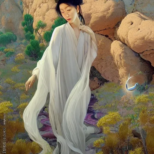 Image similar to beautiful oriental girl walks around Socotra among endemic plants and snags in a long transparent flowing dress and meets mystical animals, mystical insects, mystical birds, lizards, snakes, gorgeous, Atmosphere, hypnotic dimensions, mythology, Rococo, photorealism, in the style of Jin Kagetsu, James Jean and wlop, Valentin Serov style, Zdzislaw Beksinski style, hyperrealistic, sharp focus, intricate concept art, digital painting, ambient lighting, 4k, hdt, artstation trending on Gsociety, trending on ArtstationHQ, trending on deviantart, professionally post-processed, wide-angle action dynamic portraithyperdetailed, hyper quality, 16K