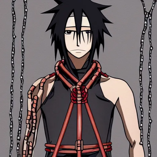 Prompt: A FULL BODY PORTRAIT FROM BEHIND OF UCHIHA ,THE MAN KEEPS A KUSARIGAMA AND IT IS WRAPPED IN CHAINS ,detailed, concept art, ink style , sketch