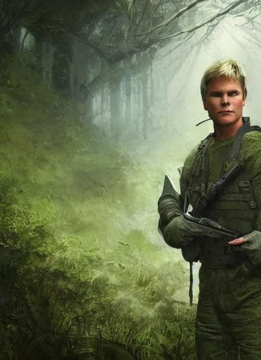 Prompt: portrait of a young richard dean anderson wearing a green combat uniform, in a post apocalyptic city overgrown by plants, by wlop, book cover illustration, concept art, volumetric lighting, volumetric atmosphere, sharp focus, octane render, trending on artstation, 8 k