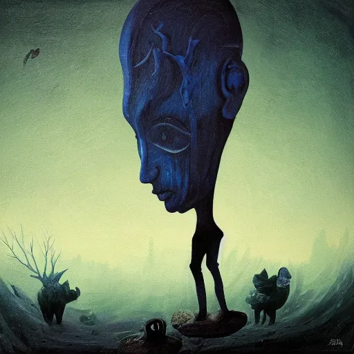 Image similar to A beautiful land art of a small figure standing in the center of a dark, foreboding landscape. The figure is surrounded by strange, monstrous creatures, and there is a feeling of unease and dread. pale indigo, indigo by Michal Lisowski