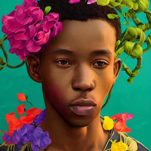 Image similar to colourful vfx art - portrait of nigerian boy wrapped in flowers & vines, art by hsiao - ron cheng & james jean, volumetric light, colourful, sharp, detailed, digital painting, illustration, illustration, highly detailed, intricate detail, unreal engine, octae render, pinterest, behance, art station,