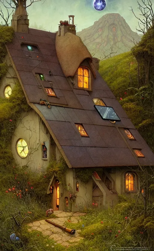 Image similar to a hyper realistic witchy cottage with solar panels on a tall hill, mountains, atmospheric lighting, lush foliage, painting by chiara bautista and tom bagshaw, mucha, beksinski and norman rockwell and greg rutkowski weta studio, and lucasfilm