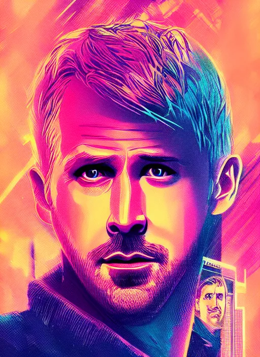 Image similar to ryan gosling in blade runner 2 0 4 9 portrait illustrated by rossdraws, vivid colors, soft lighting, bloom, digital artwork 4 k, best of artstation