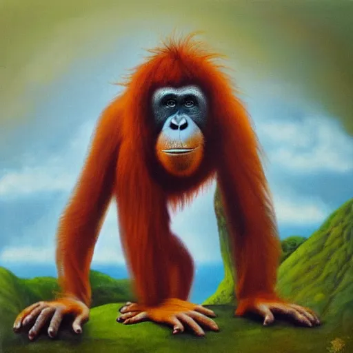 Image similar to orangutan 7 0 s progressive rock album cover, oil painting