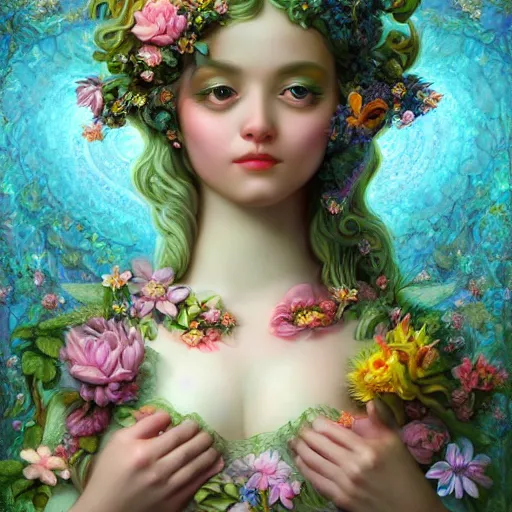 Image similar to the goddess of spring highly detailed, ultra realistic digital painting, rococo, artstation, concept art, pop, smooth, sharp focus, illustration, art by mark ryden and lisa frank 3 d 8 k ultra detailed