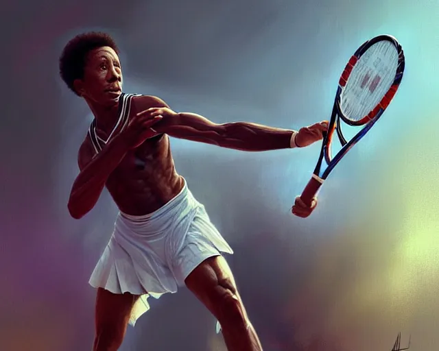 Image similar to mindblowing, arthur ashe playing tennis, deep focus, beautiful, highly detailed, digital painting, artstation, concept art, matte, sharp, illustration, hearthstone, art by artgerm and greg rutkowski and alphonse mucha