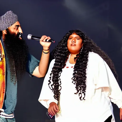 Prompt: osama bin laden and lizzo performing live on stage at coachella