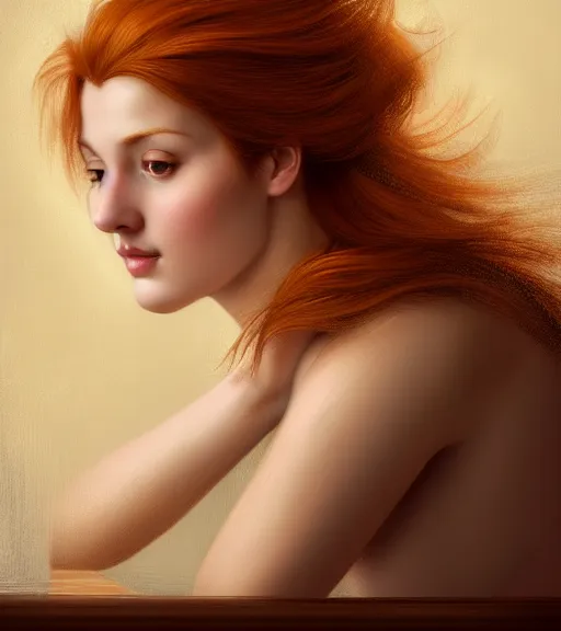 Image similar to portrait of a beautiful auburn - haired woman sitting upon a table with heightened detail, poised, intense emotion, detailed facial expression, detailed surroundings, intricate, elegant, highly detailed, centered, digital painting, artstation, concept art, smooth, sharp focus, illustration, by ( leonardo da vinci ), wlop