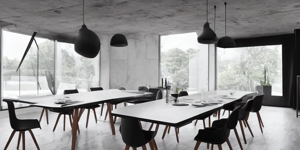 Prompt: black dinner table with modern wooden chairs designed by zaha hadid, product image, photography