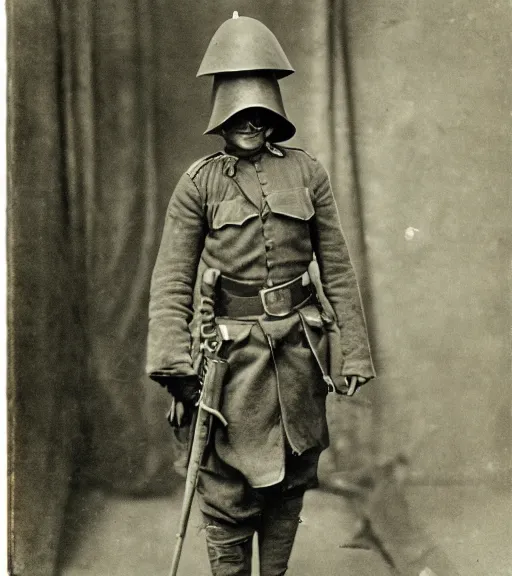 Prompt: person wearing executioner mask, ww1 photo, grainy, high detail, high resolution, tehnicolor