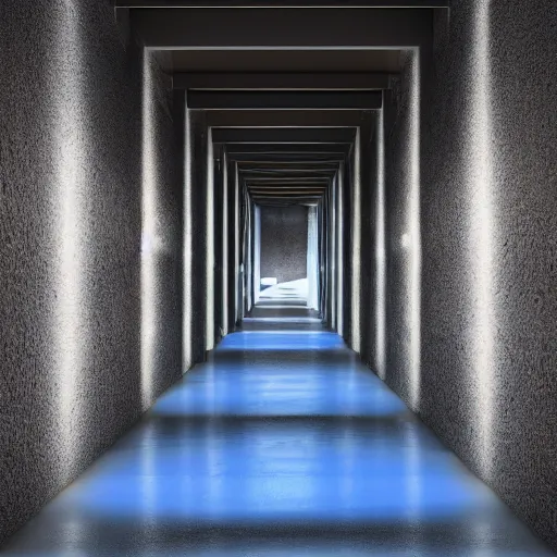 Prompt: long hallway with dirt on the ground and random doors and blue lights 4k, hd, photorealistic