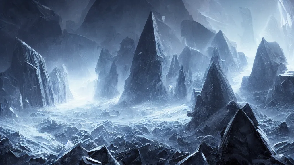 Prompt: highly detailed digital painting of various pieces of shattered geometry hovering in the sky above an icy chasm, in the background is a large black obelisk covered in glowing runes, fantasy art, cinematic concept art, award-winning art, detailed matte painting