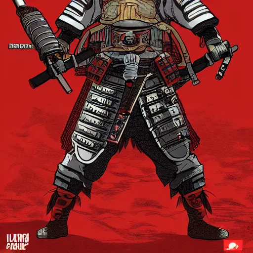 Prompt: a powerful japanese samurai wearing rocket launcher gear, detailed face, face symmetry, character concept portrait by moebius and laurie greasley, profile picture, 8 k, cinematic color grading