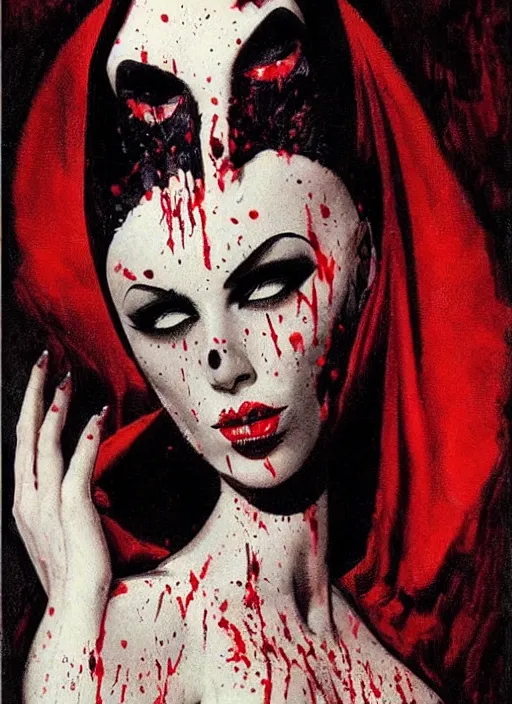 Image similar to portrait of bald iranian vampiress, jeweled veil, strong line, saturated color, beautiful! coherent! by frank frazetta, high contrast, blood splatter background