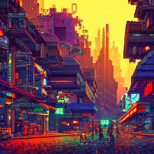 Image similar to fantastic lighting, pixel art, high detail , 16 bits, cyberpunk market, 2d