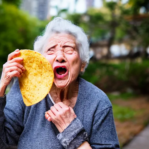 Image similar to elderly woman screaming at a taco, canon eos r 3, f / 1. 4, iso 2 0 0, 1 / 1 6 0 s, 8 k, raw, unedited, symmetrical balance, wide angle