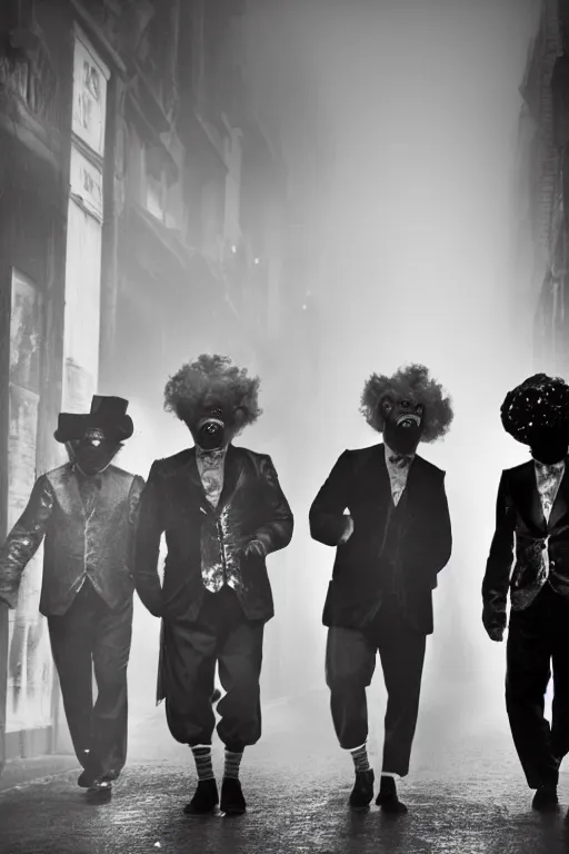 Image similar to a group of men dressed as clowns walking down a dark foggy alley