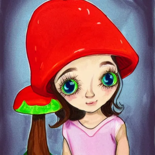 Image similar to little girl with a mushroom hat, cute artwork, clean detailed